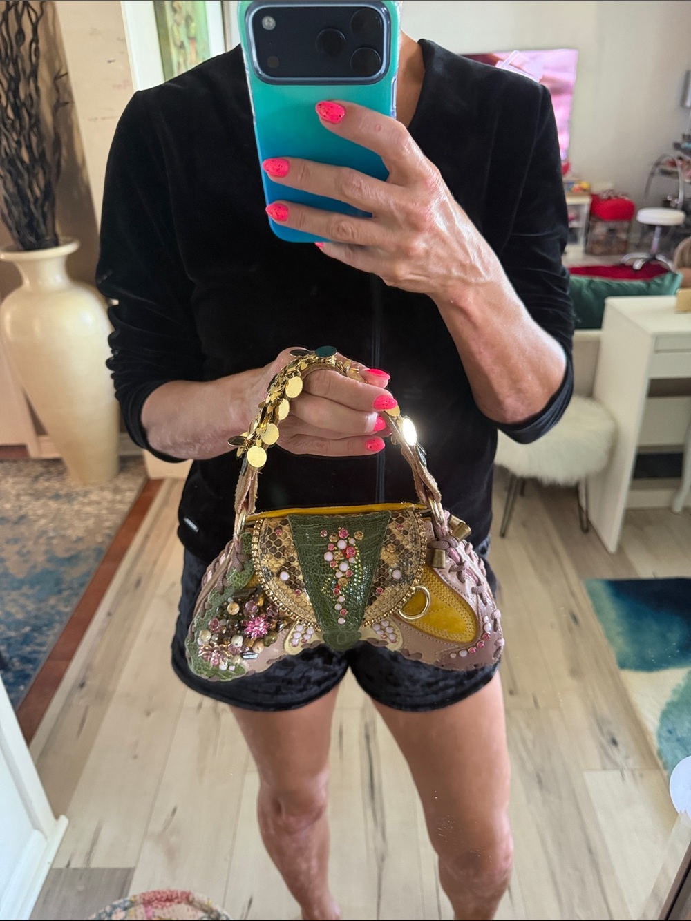 Beaded Mini Shoulder Bag in Green, Yellow and Pink - Picture 8 of 8